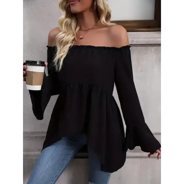 Kadın Uzun Kollu Madonna Yaka Asimetrik Detaylı Kolları Ispanyol Viskon Bluz