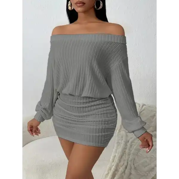 Kadın Uzun Kollu Madonna Yaka Yanlardan Büzgülü şardonlu Kaşkorse Mini Elbise