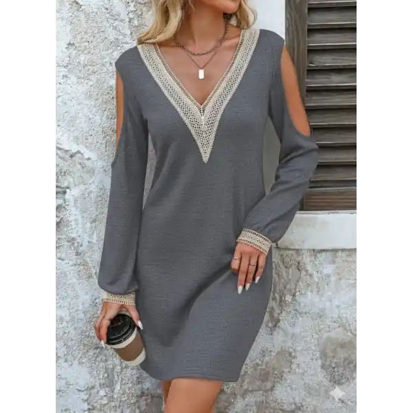 Kadın Uzun Kollu Omuzdan Açık V Dantel Yakalı Mini Waffle Elbise