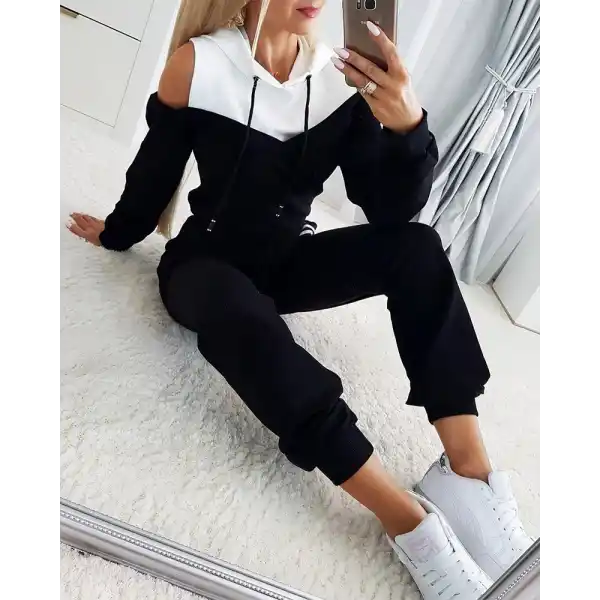 Kadın Uzun Kollu Omuzlardan Açık Kapşonlu Bağcıklı çift Renkli Viskon Iki Iplik Bluz Ve Pantolon Ikili Takım
