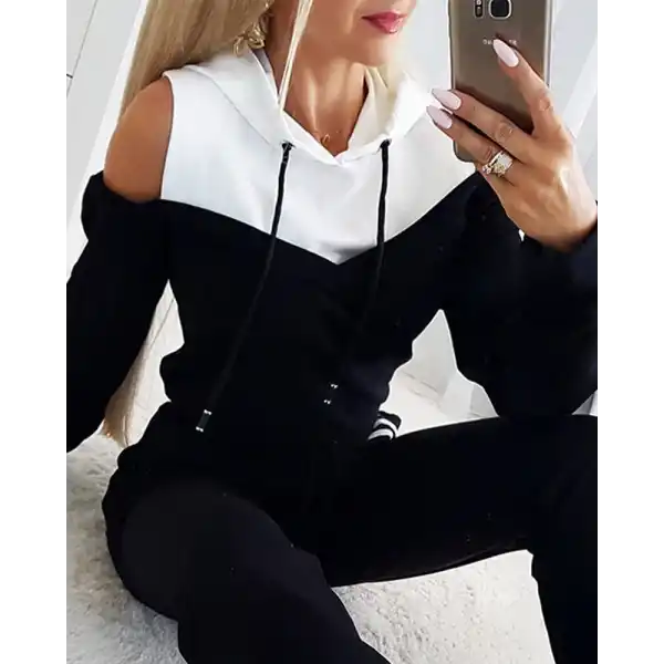 Kadın Uzun Kollu Omuzlardan Açık Kapşonlu Bağcıklı çift Renkli Viskon Iki Iplik Bluz Ve Pantolon Ikili Takım