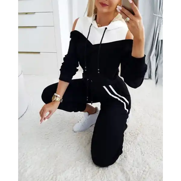 Kadın Uzun Kollu Omuzlardan Açık Kapşonlu Bağcıklı çift Renkli Viskon Iki Iplik Bluz Ve Pantolon Ikili Takım