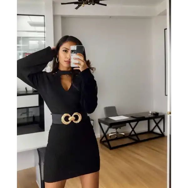 Kadın Uzun Kollu Omuzları Açık Boyundan şerit Detay Kaşkorse Elbise