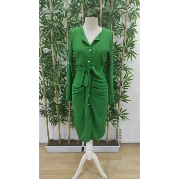 Kadın Uzun Kollu önden Düğmeli Beli Kuşaklı Aerobin Midi Elbise