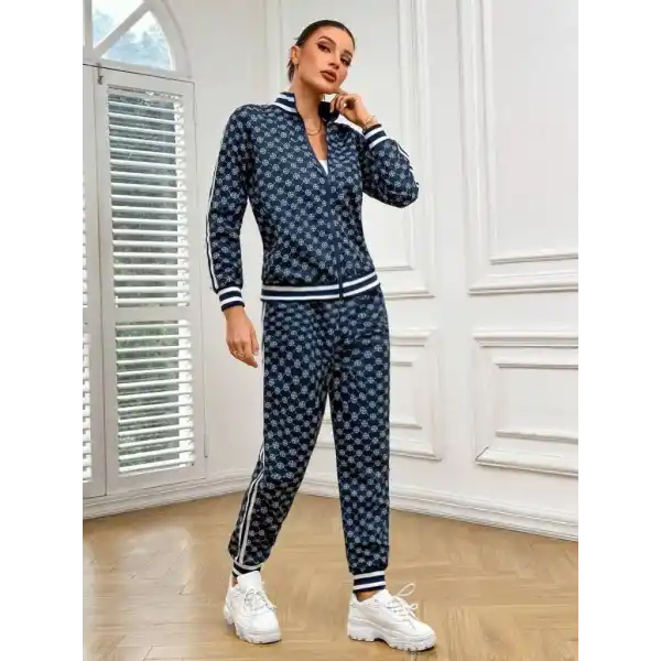 Kadın Uzun Kollu önden Fermuarlı Desenli Iki Iplik Bluz Ve Pantolon Ikili Takım