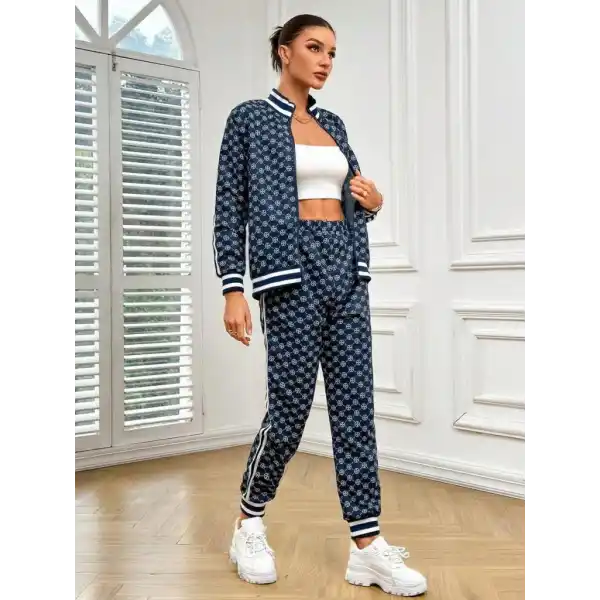 Kadın Uzun Kollu önden Fermuarlı Desenli Iki Iplik Bluz Ve Pantolon Ikili Takım