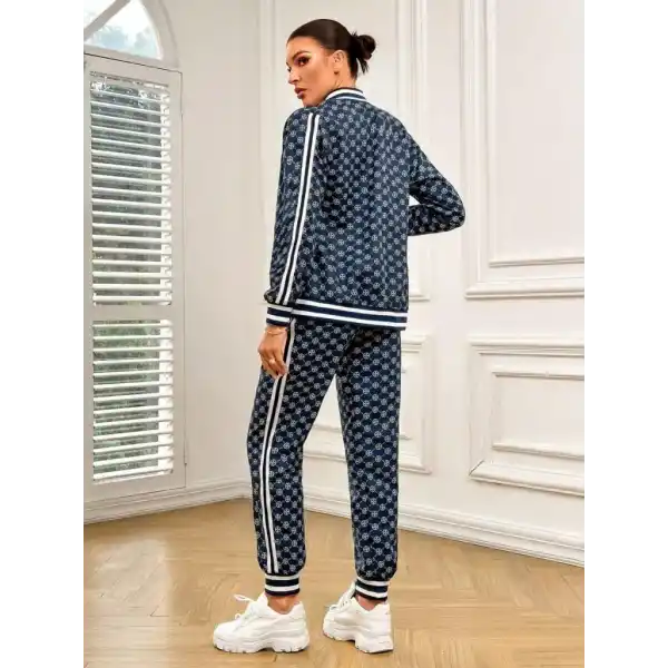 Kadın Uzun Kollu önden Fermuarlı Desenli Iki Iplik Bluz Ve Pantolon Ikili Takım