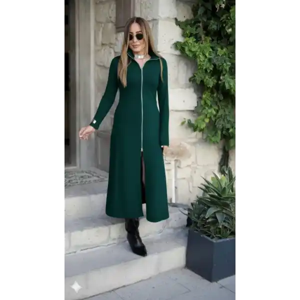 Kadın Uzun Kollu önden Fermuarlı Ithal Krep Elbise