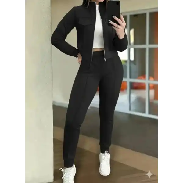 Kadın Uzun Kollu önden Fermuarlı Kısa Modal Ceket Ve Pantolon Ikili Takım