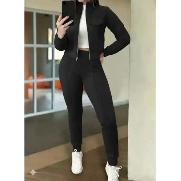 Kadın Uzun Kollu önden Fermuarlı Kısa Modal Ceket Ve Pantolon Ikili Takım