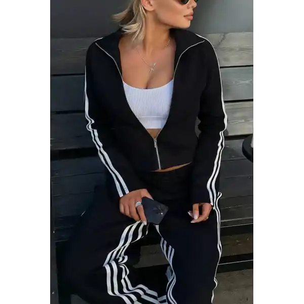 Kadın Uzun Kollu önden Fermuarlı Kısa Viskon Iki Iplik Bluz Ve Pantolon Ikili Takım