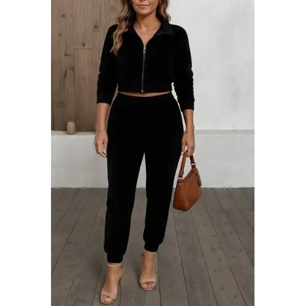 Kadın Uzun Kollu önden Fermuarlı Krop Kadife Ceket Ve Pantolon Ikili Takım