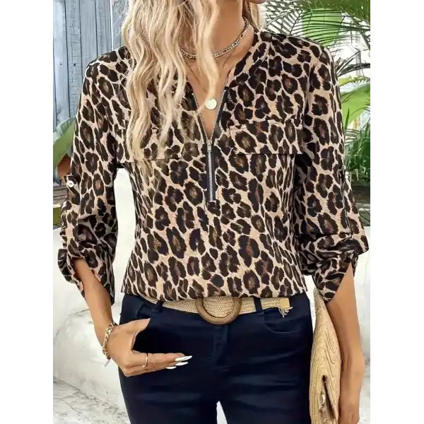 Kadın Uzun Kollu önden Fermuarlı Leopar Desenli Modal Bluz