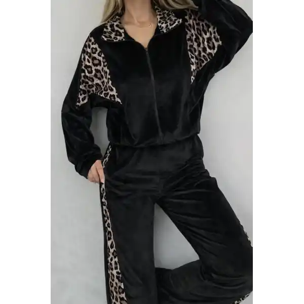 Kadın Uzun Kollu önden Fermuarlı Leopar Detaylı Kadife Bluz Ve Pantolon Ikili Takım