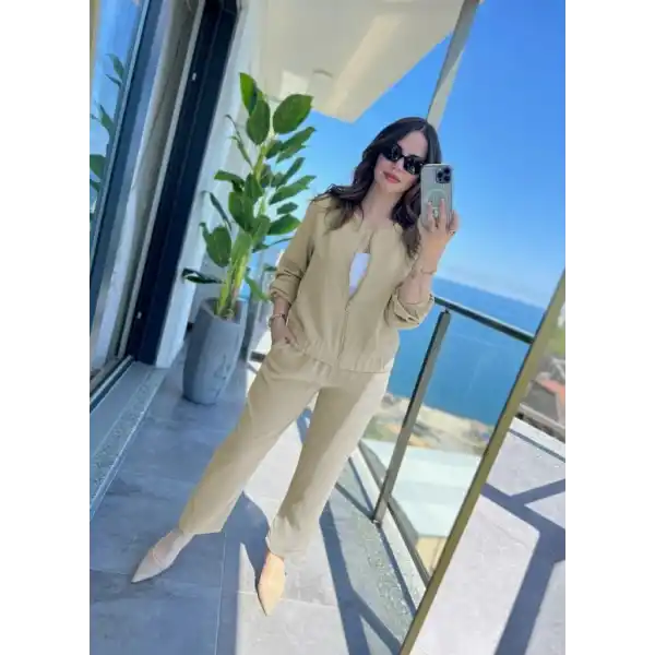 Kadın Uzun Kollu önden Fermuarlı Modal Ceket Ve Pantolon Ikili Takım