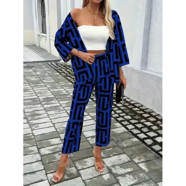 Kadın Uzun Kollu önü Açık Desenli Iki Iplik Ceket Ve Pantolon Ikili Takım