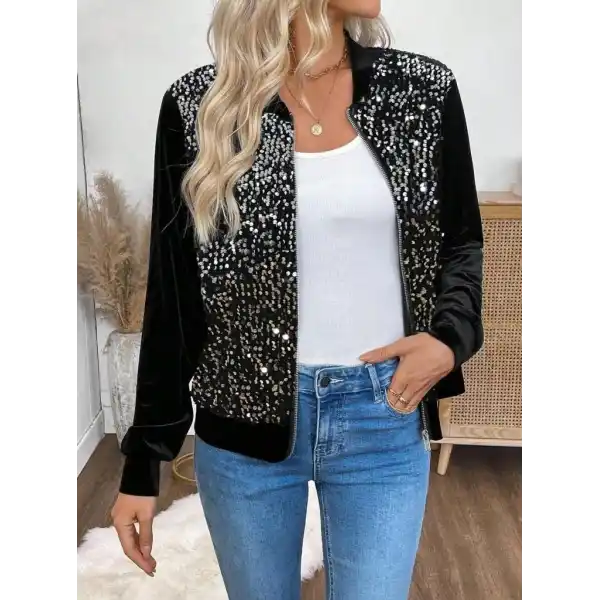 Kadın Uzun Kollu önü Açık Fermuarlı Pulpayetli Kadife Ceket