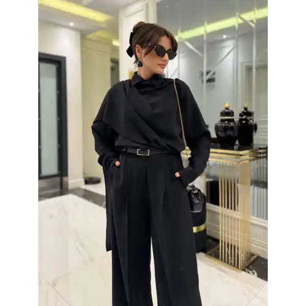 Kadın Uzun Kollu şal Detaylı Bluz Ve Pantolon Kemer Dahil Ikili Takım