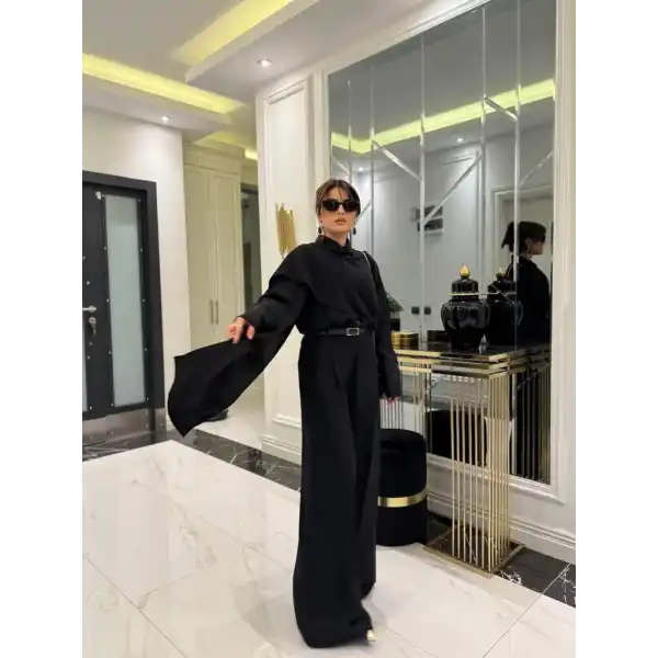 Kadın Uzun Kollu şal Detaylı Bluz Ve Pantolon Kemer Dahil Ikili Takım