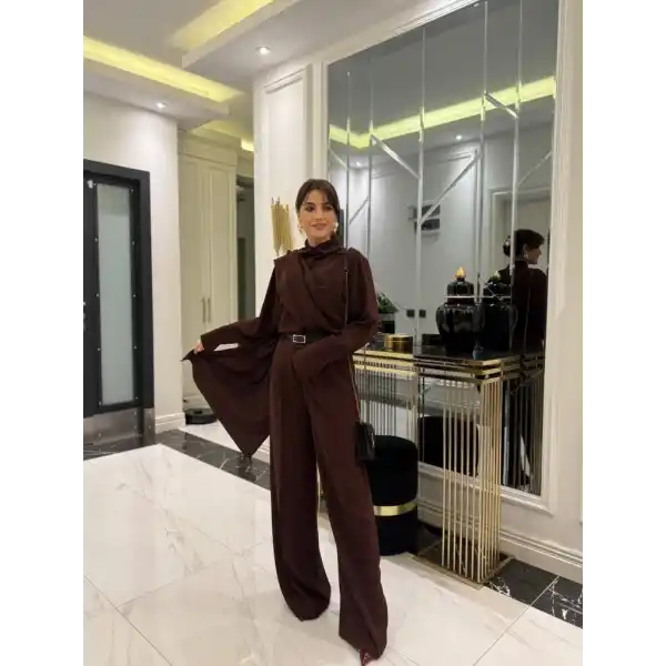 Kadın Uzun Kollu şal Detaylı Bluz Ve Pantolon Kemer Dahil Ikili Takım