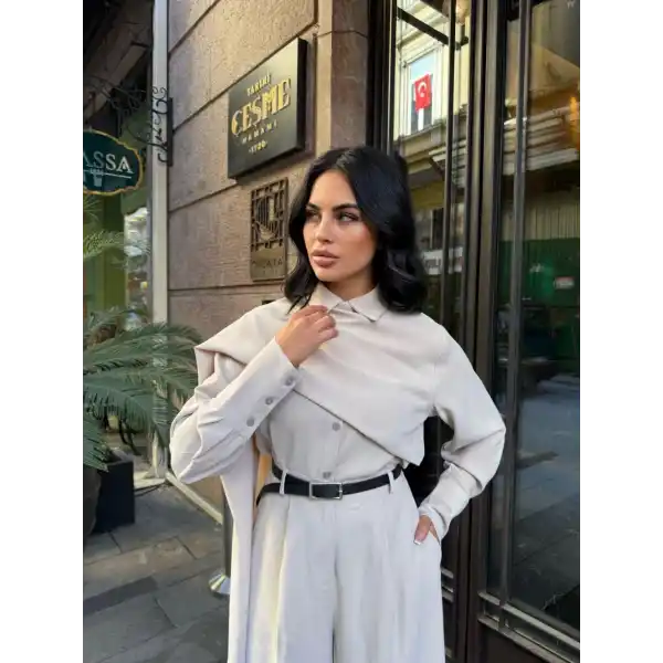 Kadın Uzun Kollu şal Detaylı Bluz Ve Pantolon Kemer Dahil Ikili Takım