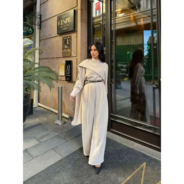 Kadın Uzun Kollu şal Detaylı Bluz Ve Pantolon Kemer Dahil Ikili Takım