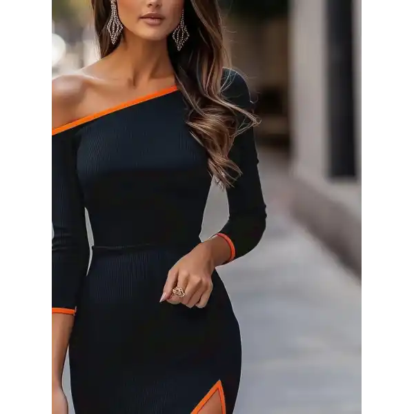 Kadın Uzun Kollu Tek Omuzu Açık Yandan Yırtmaçlı Midi Kaşkorse Elbise