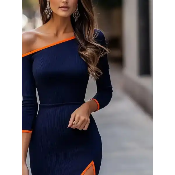 Kadın Uzun Kollu Tek Omuzu Açık Yandan Yırtmaçlı Midi Kaşkorse Elbise