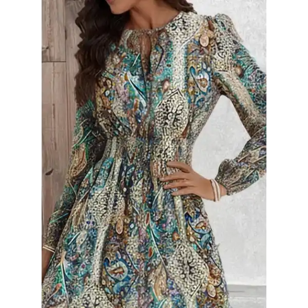 Kadın Uzun Kollu Uakadabağcıklı Beli Lastikli Desenli Uzun Süprem Elbise