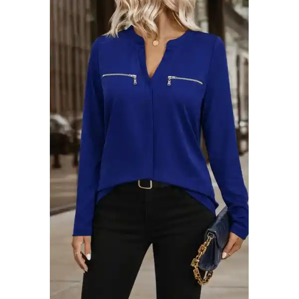 Kadın Uzun Kollu V Hakim Yaka Fermuar Detaylı Viskon Bluz