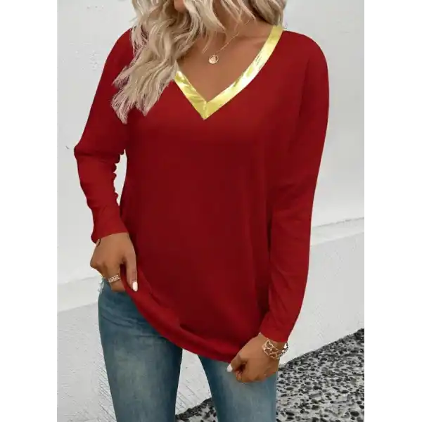 Kadın Uzun Kollu V Parlak Yaka Detaylı Viskon Bluz