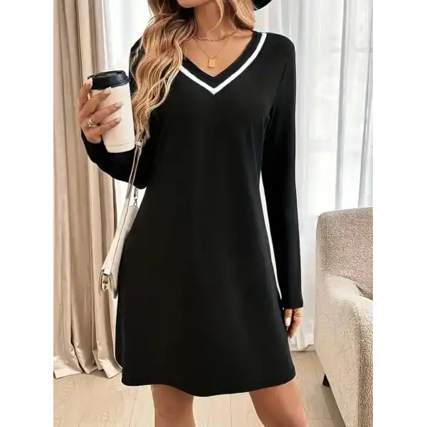 Kadın Uzun Kollu V şerit Yakalı Kısa Viskon Iki Iplik Elbise