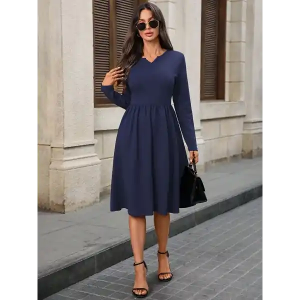 Kadın Uzun Kollu V Yakalı Cepli Midi Ithal Krep Elbise