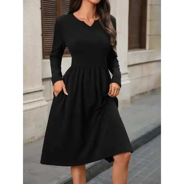 Kadın Uzun Kollu V Yakalı Cepli Midi Ithal Krep Elbise