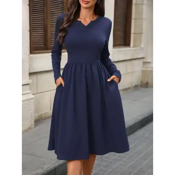 Kadın Uzun Kollu V Yakalı Cepli Midi Ithal Krep Elbise