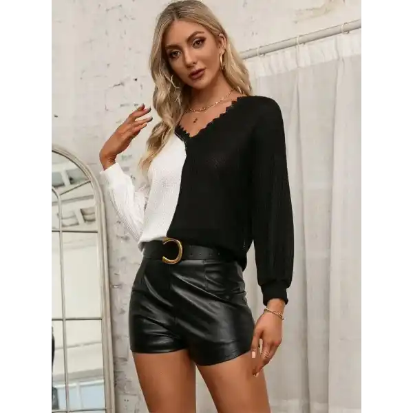 Kadın Uzun Kollu V Yakalı çift Renkli Triko Bluz