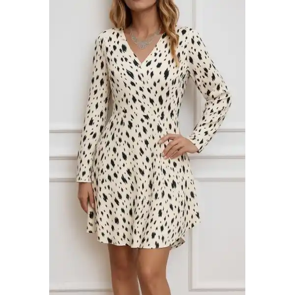 Kadın Uzun Kollu V Yakalı Desenli Kısa Keten Elbise