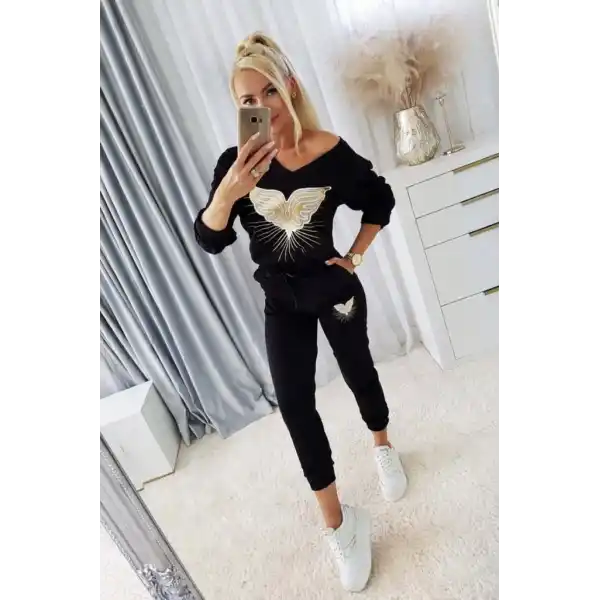 Kadın Uzun Kollu V Yakalı Desenli Viskon Iki Iplik Bluz Ve Pantolon Ikili Takım