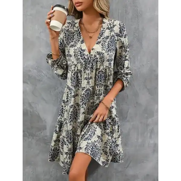 Kadın Uzun Kollu V Yakalı Fırfırlı Mini Süprem Elbise