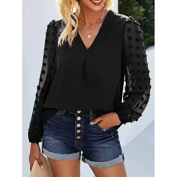 Kadın Uzun Kollu V Yakalı Kolları Popon Detaylı Sandy Bluz