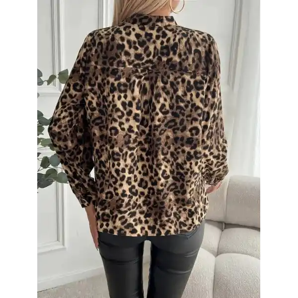 Kadın Uzun Kollu V Yakalı Modal Leopar Desenli Bluz