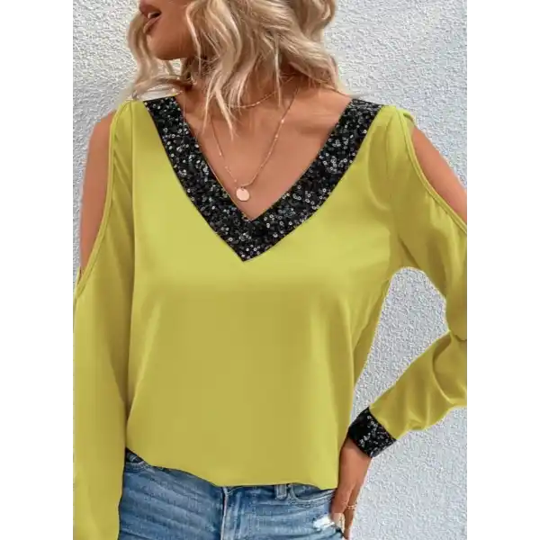 Kadın Uzun Kollu V Yakalı Omuzlardan Açık Sandy Bluz