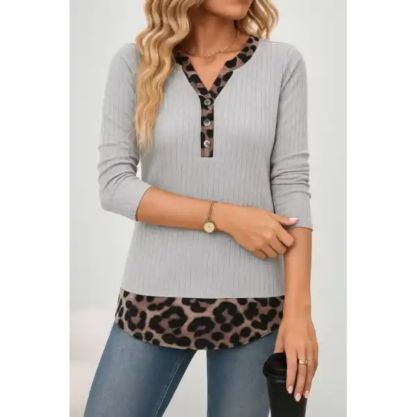 Kadın Uzun Kollu Yakadan Düğmeli Leopar Detaylı Kaşkorse Bluz