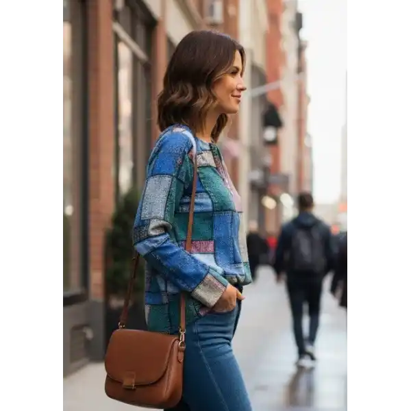 Kadın Uzun Kollu Yakadan Fermuarlı Kot Görünüm Desenli Uzun Modal Bluz