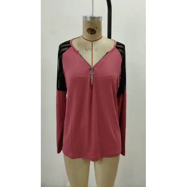 Kadın Uzun Kollu Yakadan Fermuarlı Viskon Bluz