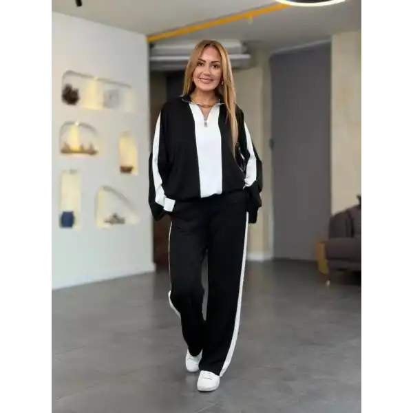 Kadın Uzun Kollu Yakadan Fermuarlı Viskon Iki Iplik Bluz Ve Pantolon Ikili Takım