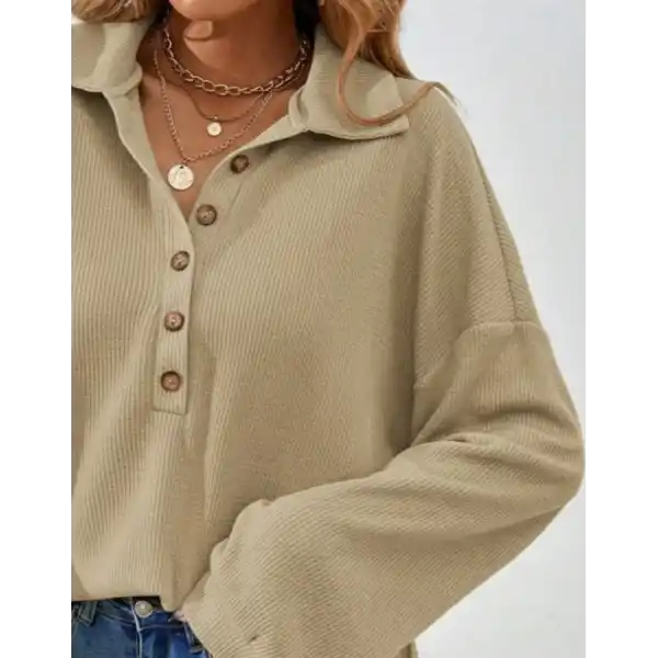 Kadın Uzun Kollu Yakalı Düğmeli Salaş Waffle Bluz