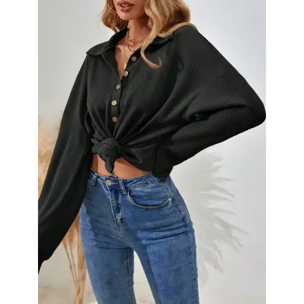 Kadın Uzun Kollu Yakalı Düğmeli Salaş Waffle Bluz