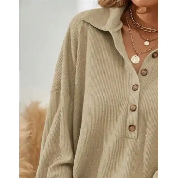 Kadın Uzun Kollu Yakalı Düğmeli Salaş Waffle Bluz