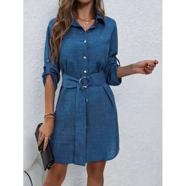 Kadın Uzun Kollu Yakalı önden Düğmeli Beli Kuşaklı Mini Ithal Keten Elbise